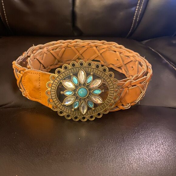Brown Woven Belt with Gemstone Buckle Size 11-13 - Picture 1 of 6